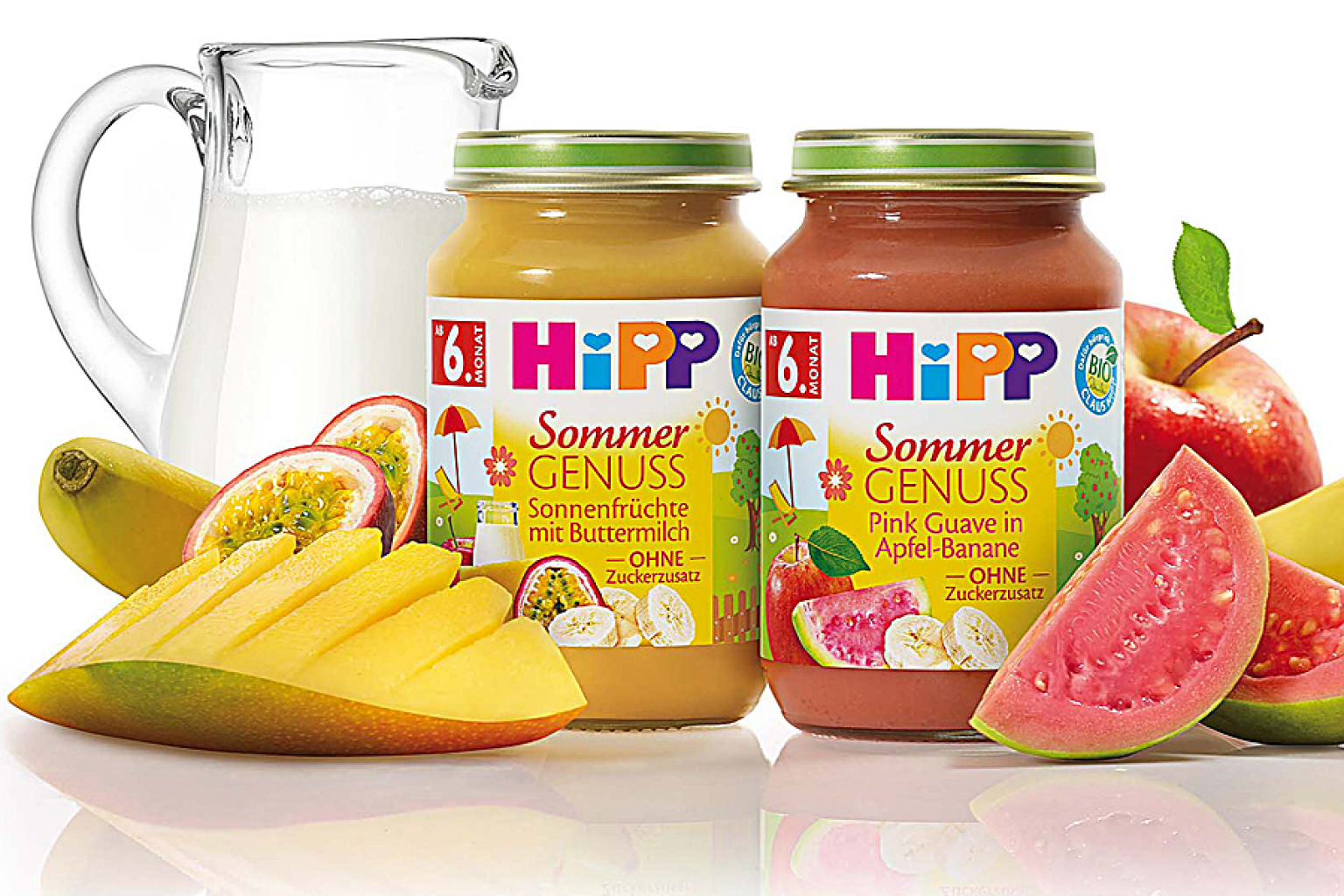 2 Hipp-Gläschen mit Obstdekoration